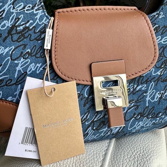 MK Collection Bancroft Medium Signature Print Denim Shoulder Bag - Picture 8 of 12